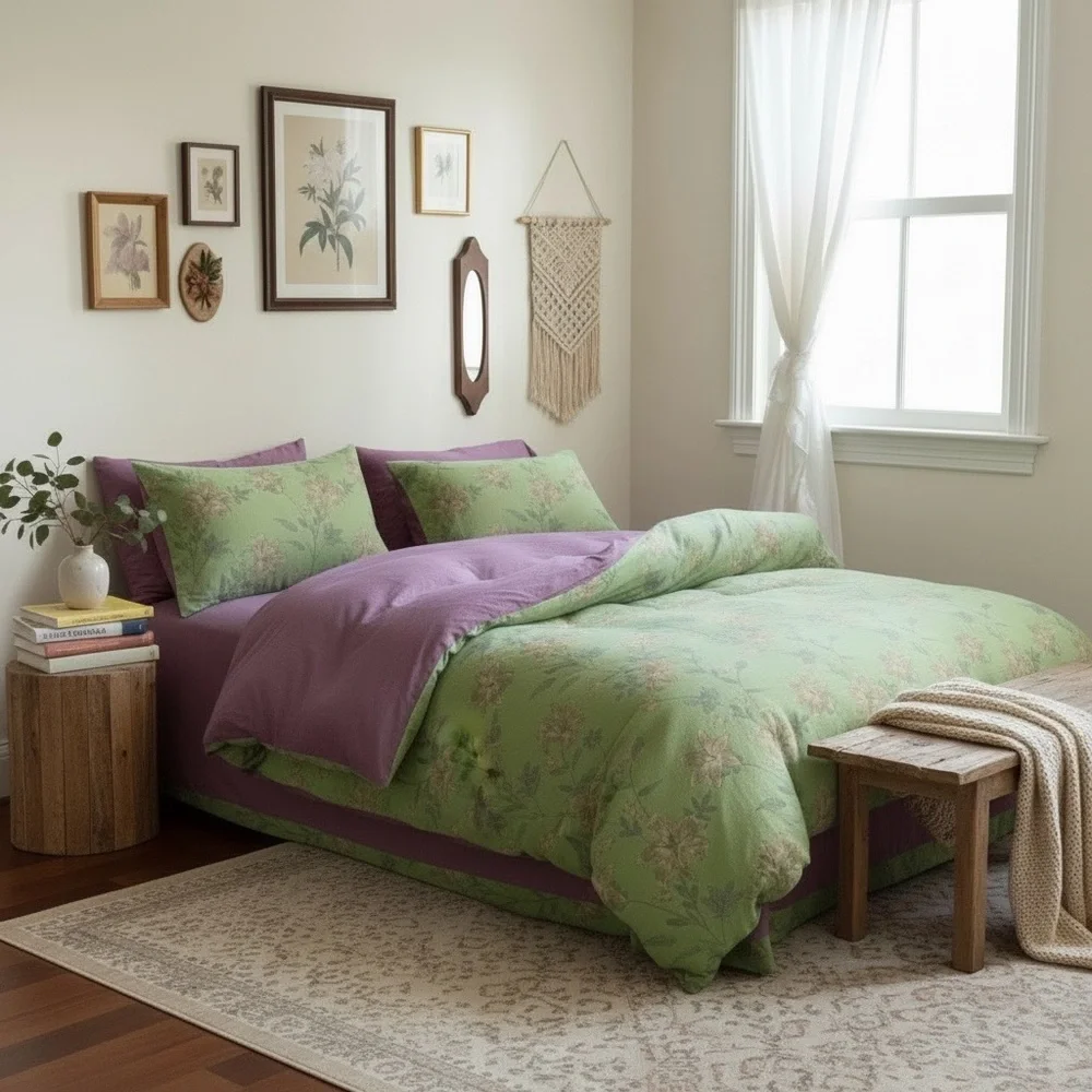 NEW Anthro Green Purple Floral Linen Boho Queen / King Bedding Duvet & Sham Set